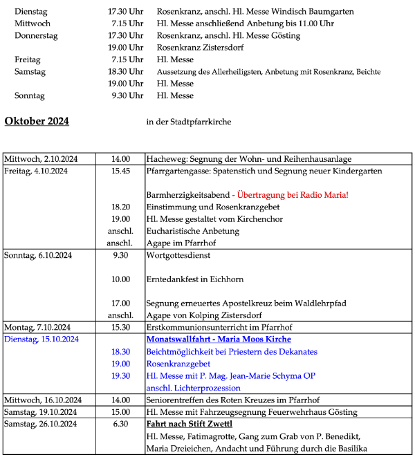 Monatsübersicht Oktober 2024